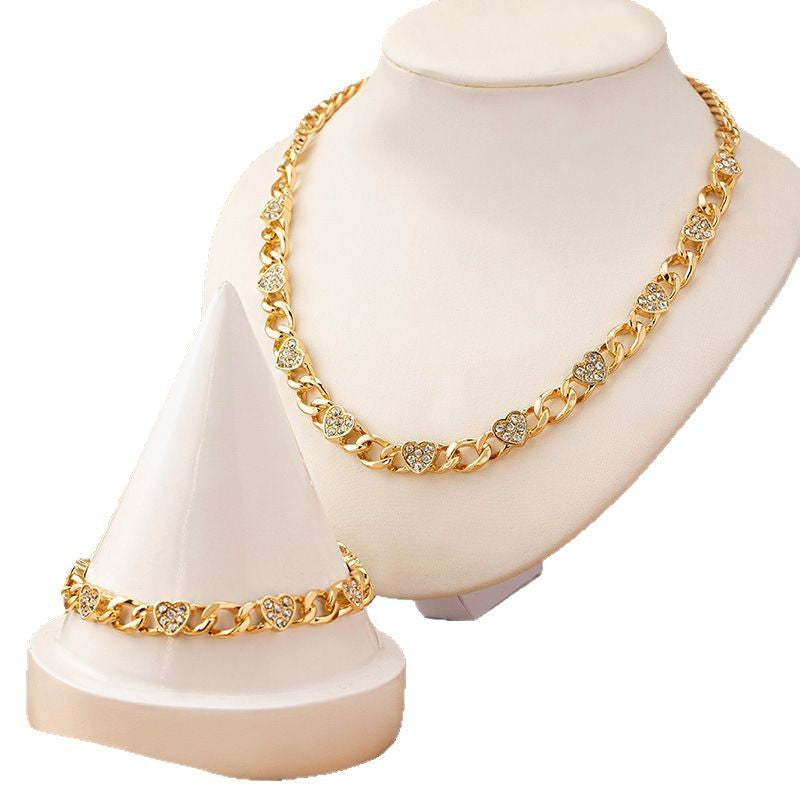 Gold Diamond Heart Necklace and Bracelet Set – Retro Hip-Hop Jewelry for Women