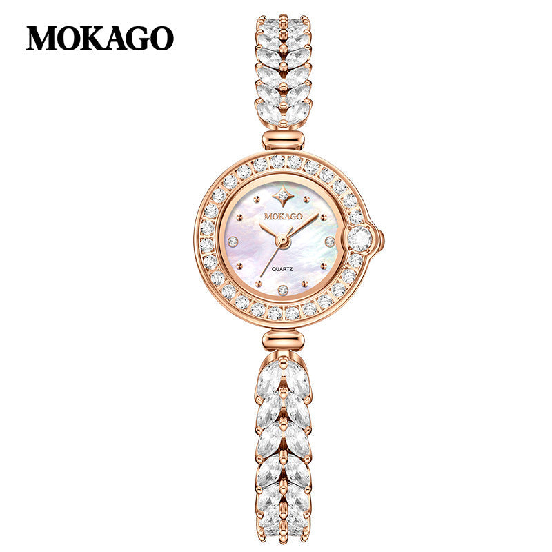 MOKAGO Women’s Quartz Watch – Round Dial, Full Diamond Fishtail Bracelet Watch