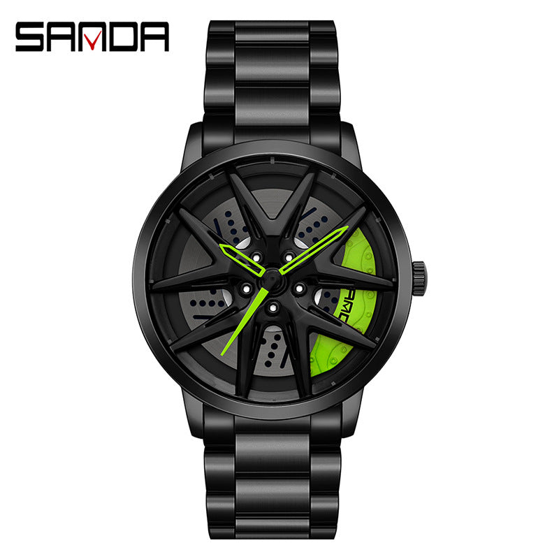 Sanda Men’s Quartz Watch – Wheel Dial, Stainless Steel Strap, Waterproof Sport Timepiece