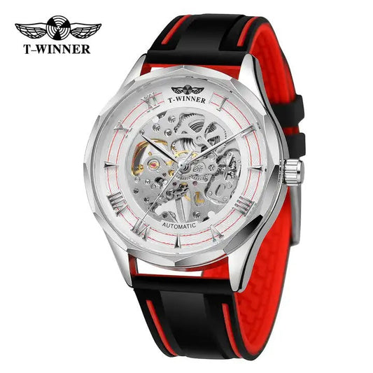 T-Winner Men’s Fashion Round Skeleton Manual Mechanical Watch – Silicone Strap