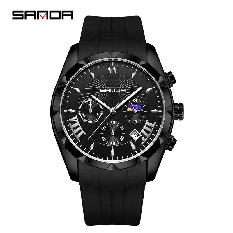 SANDA Men's Silicone Sports Watch – Waterproof Quartz with Calendar & Three-Eye Design