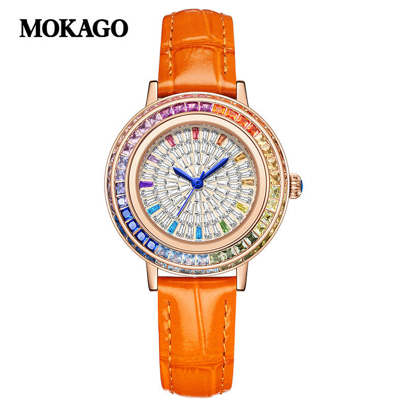 MOKAGO Women’s Quartz Watch with Crystal & Diamond Inlay – Fashion Leather Strap