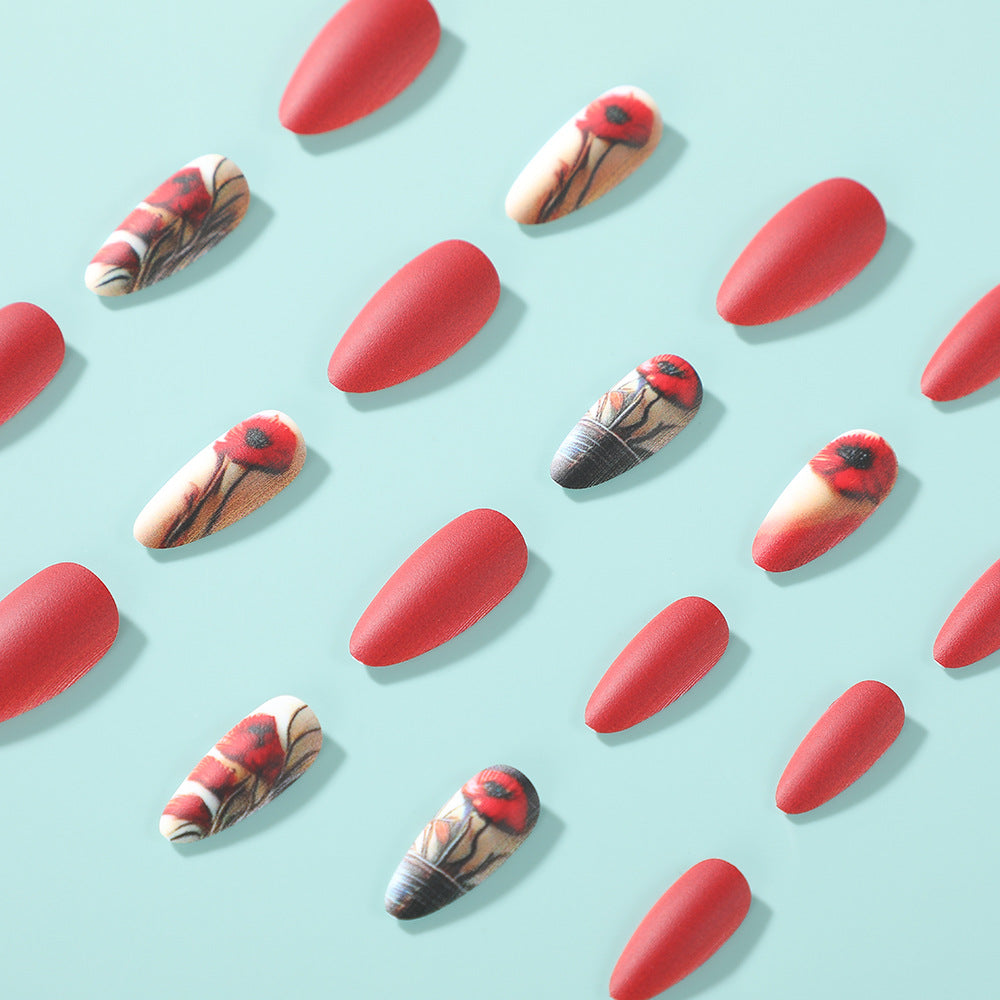 Elegant Matte Almond Press-On Nails – Long Red & Nude Acrylic with Floral Design