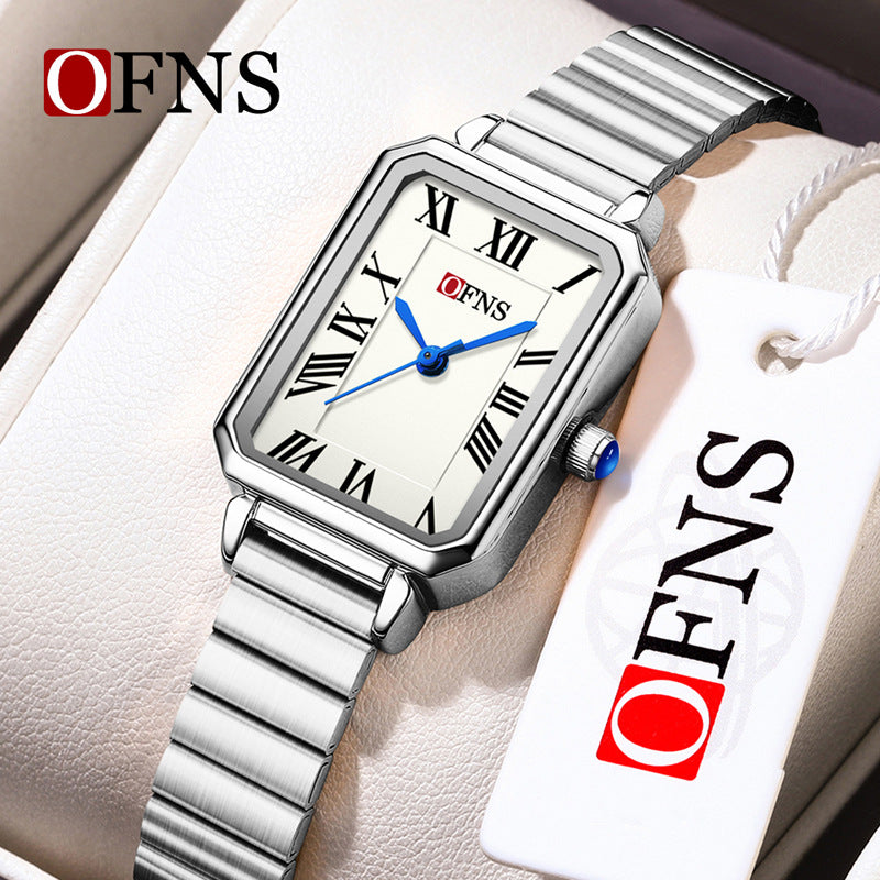 OFNS Women’s Quartz Watch – Retro Rectangular Dial, Stainless Steel Strap Casual Wristwatch