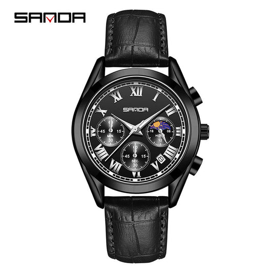 Sanda Men’s Leather Quartz Watch – Waterproof Business Watch with Moon Phase & Calendar