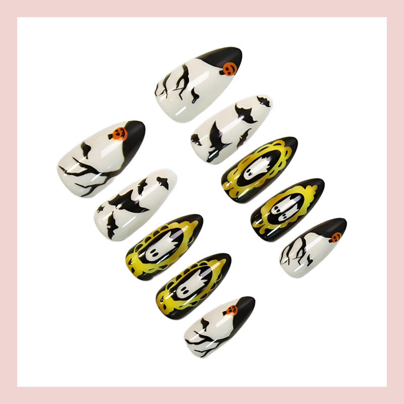 Halloween Ghost & Pumpkin Almond Press-On Nails – Spooky Bat Nail Art