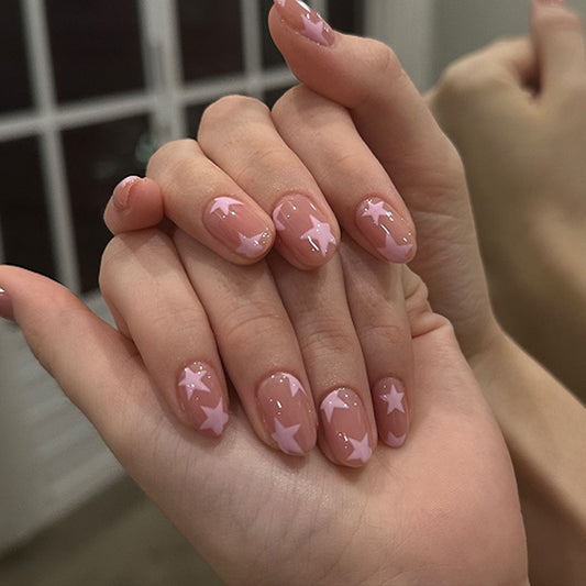 Pink Star Press-On Nails, Medium Oval Acrylic Glue-On Set– Minimalist Short Nail Tips