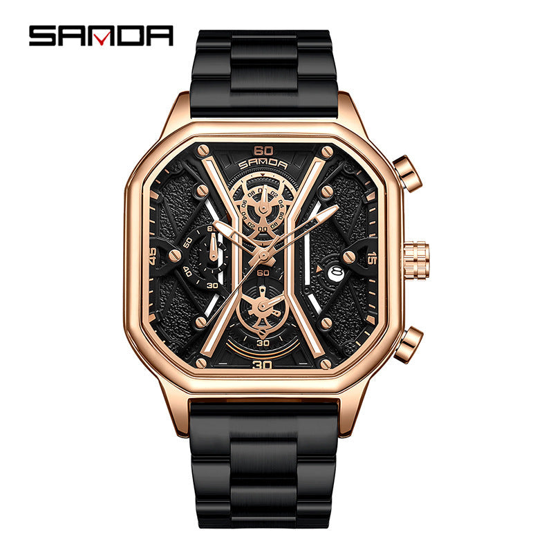 SANDA Men's Square Quartz Watch – Luminous Calendar Waterproof Stainless Steel Strap