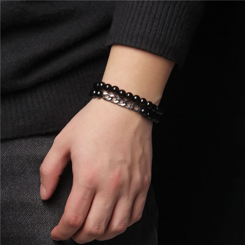 Men’s Lava Stone & Wooden Bead Bracelet – Black Glass Beads