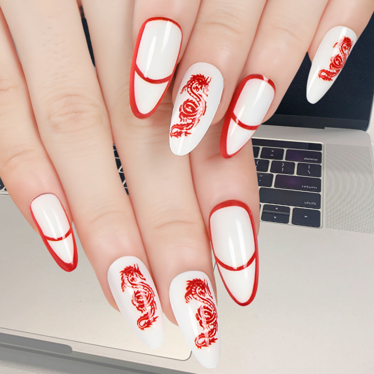 Lucky Dragon Red & White Almond Press-On Nails – Bold Festive Design