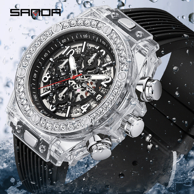Sanda Men’s Quartz Watch – Hollow Dial, Luminous, Calendar, See-Through Window Design