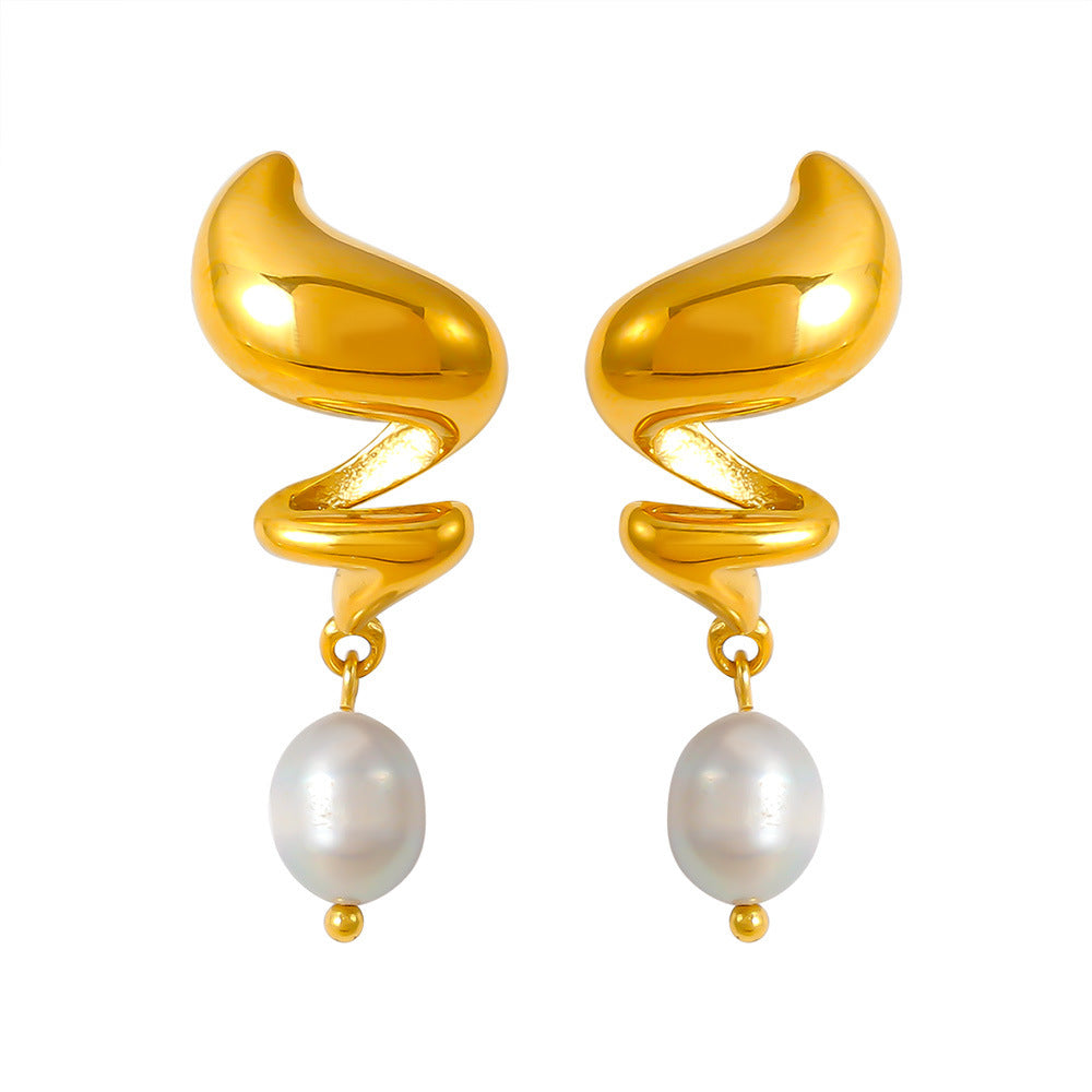 Gold-Plated Freshwater Pearl Earrings – Geometric Stainless Steel Jewelry for Women