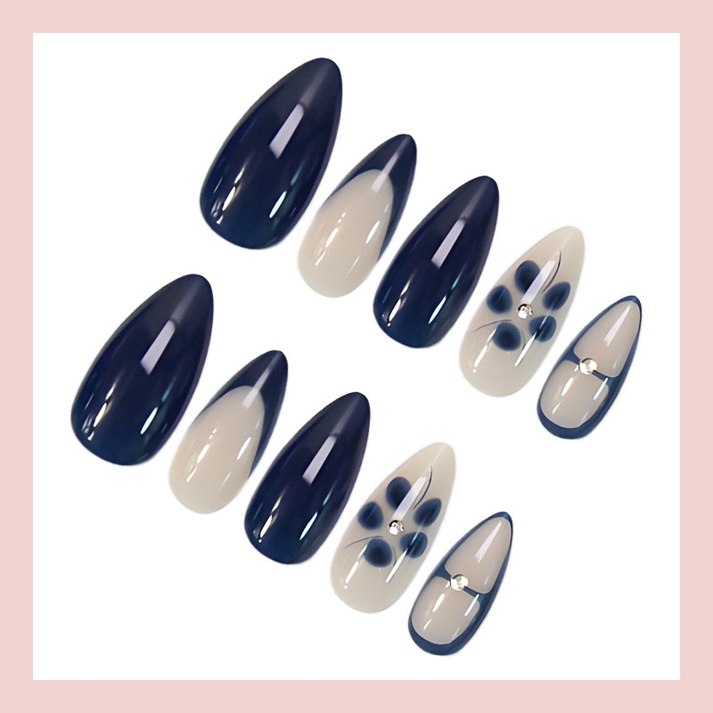 Navy Blue Almond Press-On Nails – Floral Half-Moon Medium Glossy Nail Art