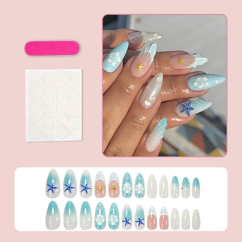 Blue Starfish Almond Press-On Nails – 3D Beachy Gradient Summer Nail Art