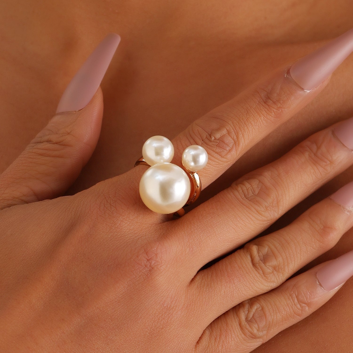 Triple Pearl Gold Ring – Elegant Alloy Adjustable Women’s Jewelry