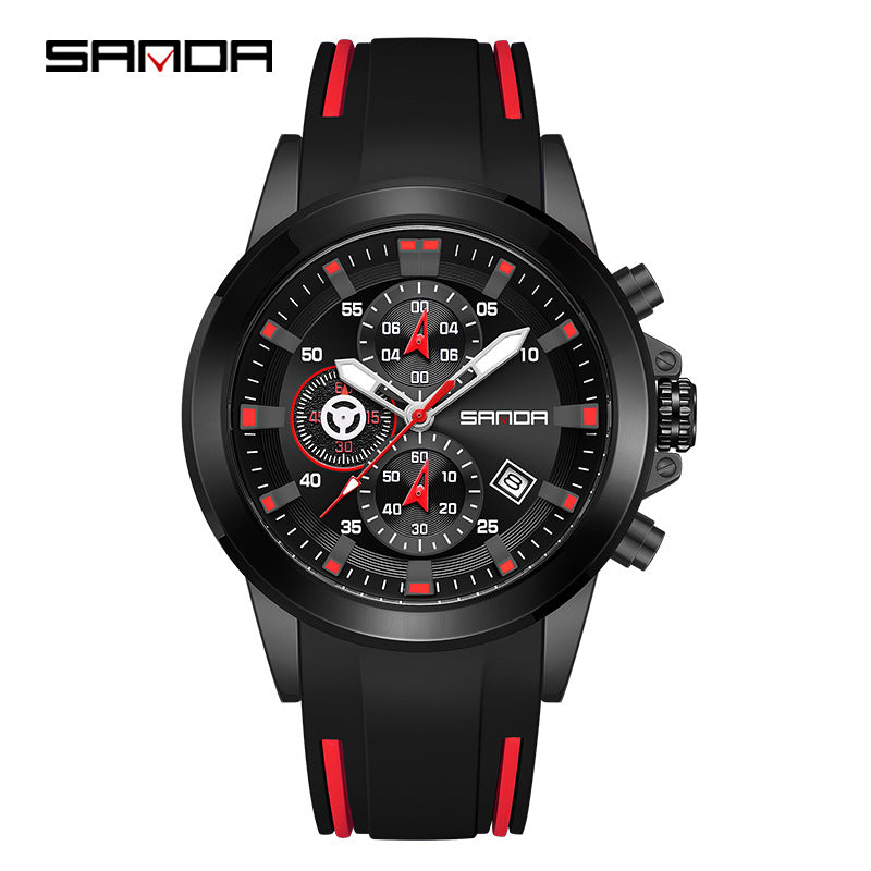 Sanda Men's Retro Quartz Watch – Multi-Function Three-Eye Calendar Silicone Strap