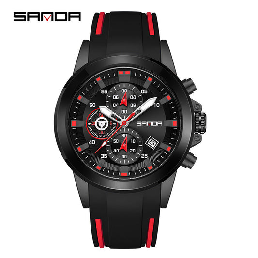 Sanda Men's Retro Quartz Watch – Multi-Function Three-Eye Calendar Silicone Strap