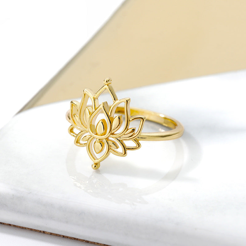 Lotus Flower Ring for Women – Gold & Silver Hollow Brass Band Jewelry