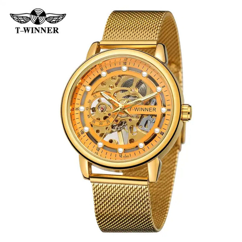 T-Winner Men’s Hollow Mechanical Watch – Mesh Strap, 30M Waterproof, Fashion Casual