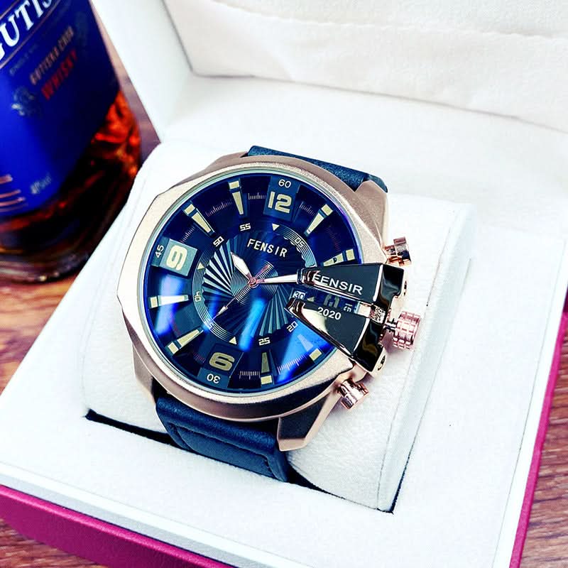 Men’s Oversized Quartz Watch with Calendar –Leather Strap Business Casual Timepiece