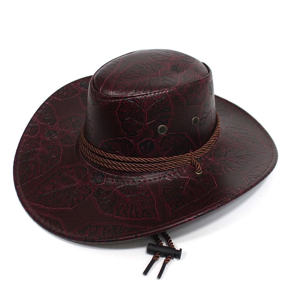 Leaf Pattern PU Leather Cowboy Hat – Unisex Wide Brim Western Jazz Hat