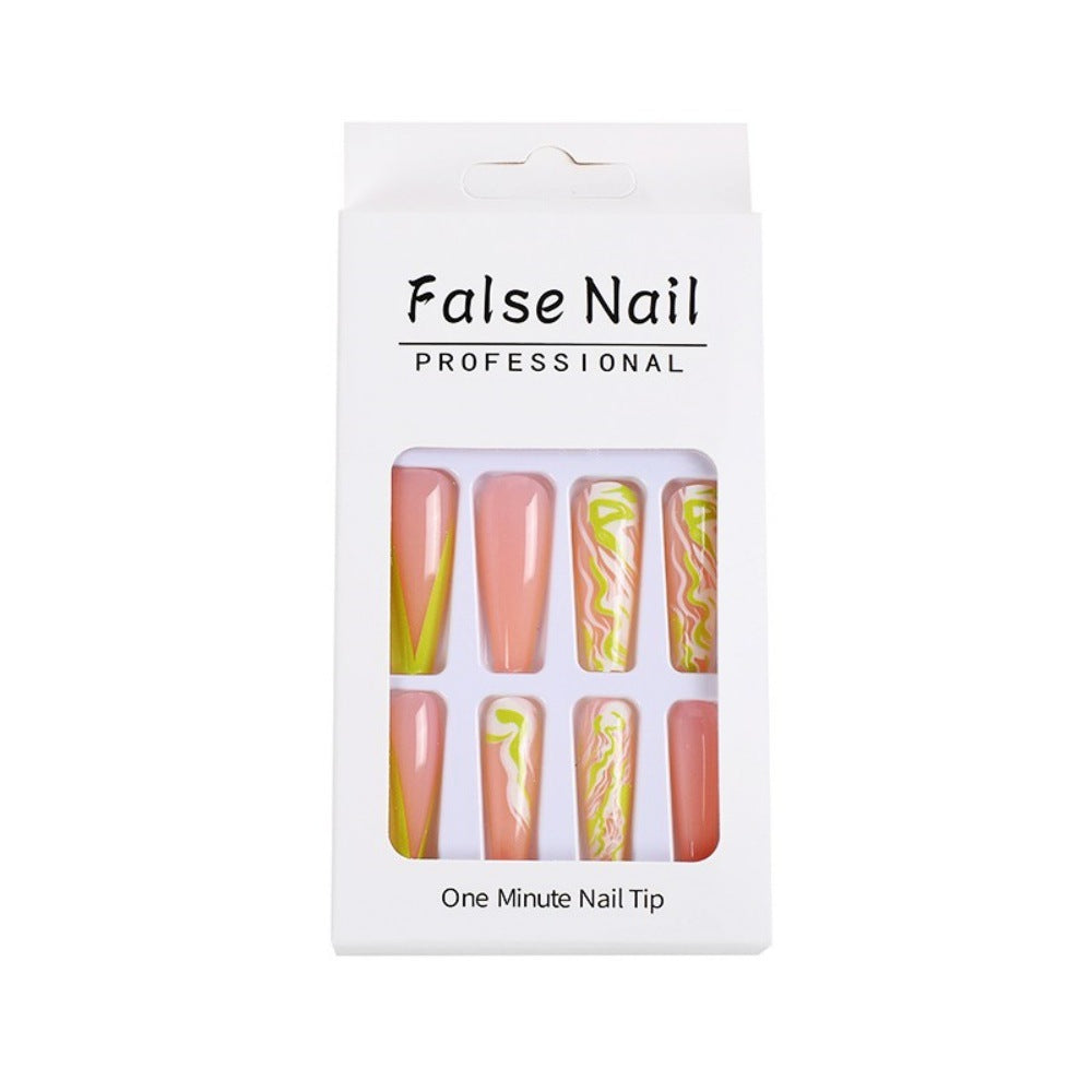 Extra Long Coffin Press-On Nails – Neon Yellow Marble Swirl Acrylic Tips