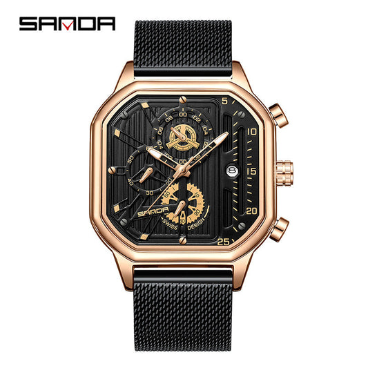 SANDA Men's Mesh Steel Square Quartz Watch – Multifunction Calendar Waterproof Timepiece