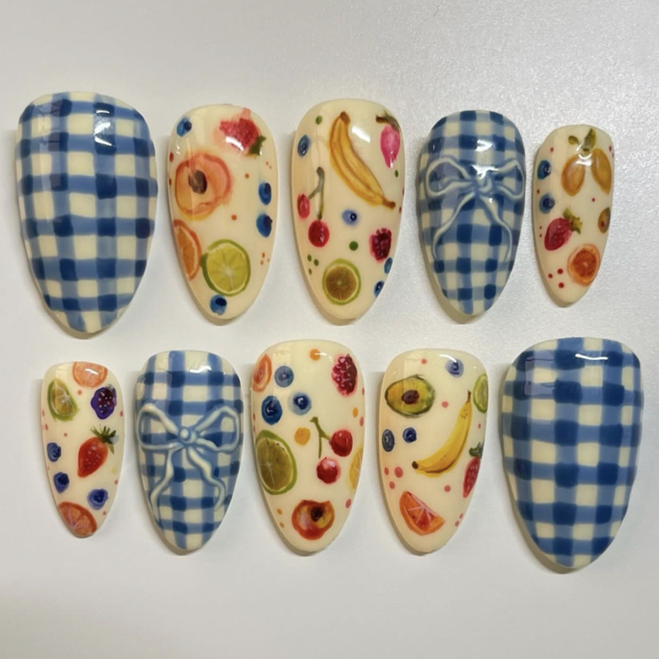 Blue Checkered Fruit Press-On Nails – Medium Coffin Glossy Summer Nail Art Set