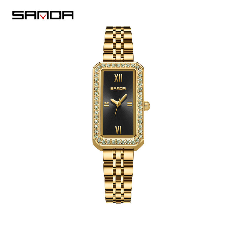 SANDA Women's Quartz Watch – Retro Diamond-Accented Stainless Steel Band