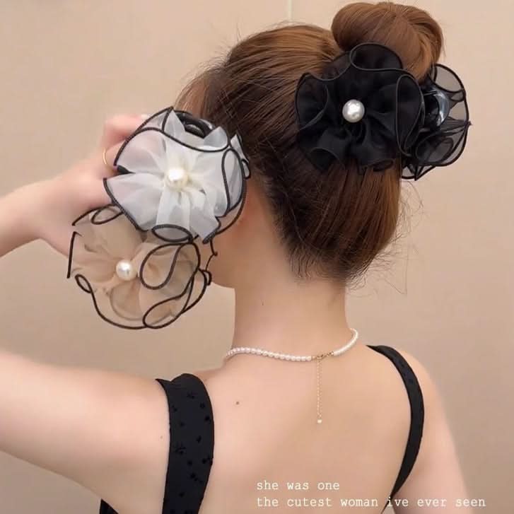 Set of 3 Women’s Flower Bud Hair Clips – Elegant Mesh Bun & Bead Shark Clips for Half-Up Hairstyles