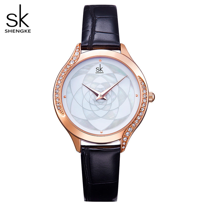 SK Women’s Diamond Quartz Watch – Luxury Leather Strap, 30M Waterproof, Fashion Design