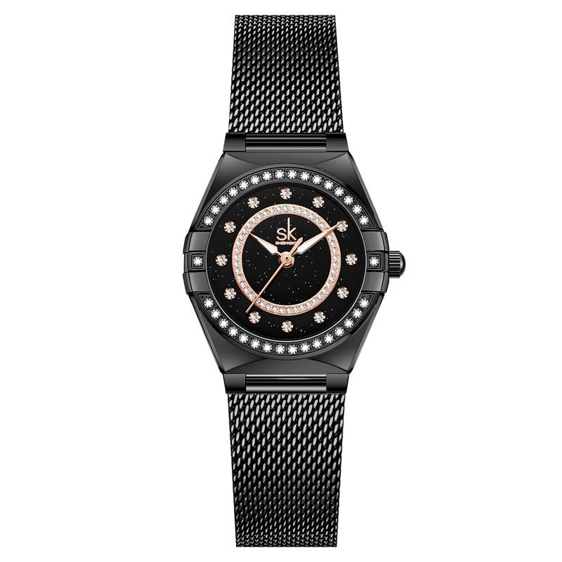 SK Women’s Diamond Quartz Watch – Starry Sky Dial, Leather & Milan Mesh Strap