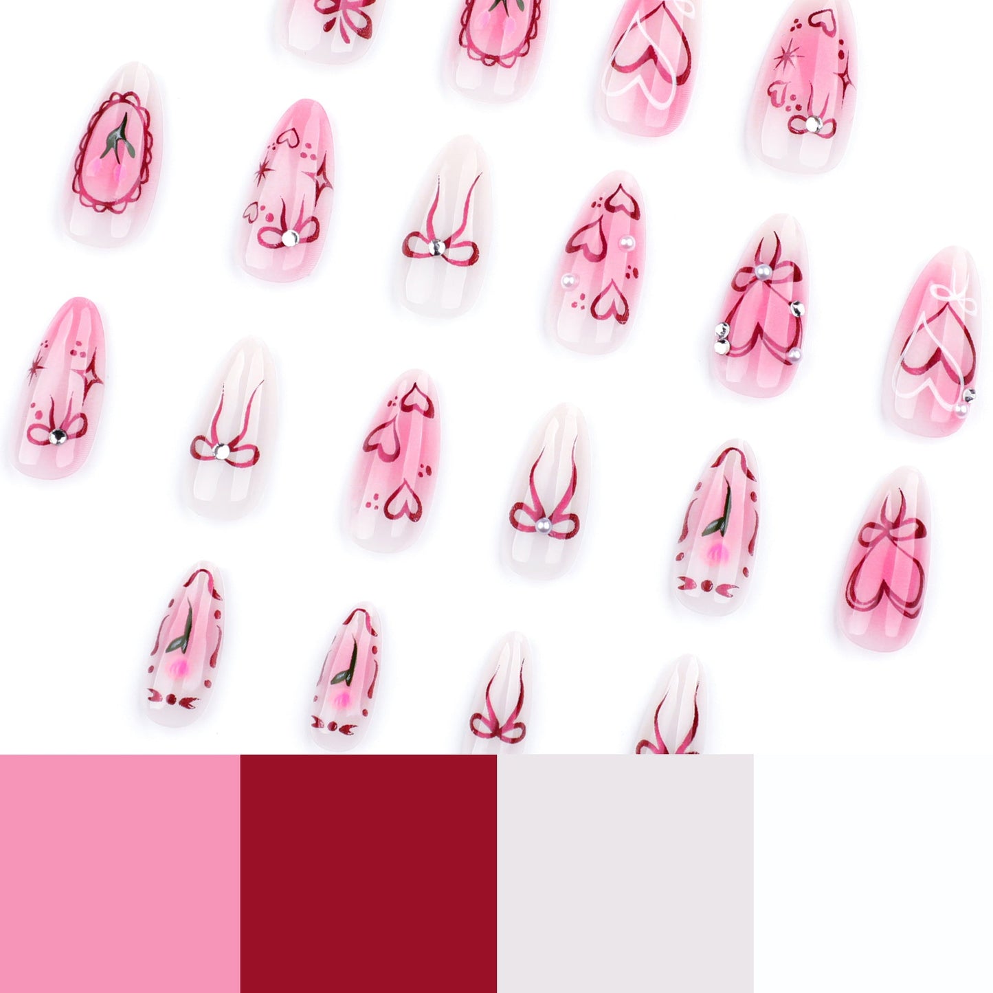 Romantic Heart & Bow Press-On Nails – Glossy Almond Shape Glue-On Nails