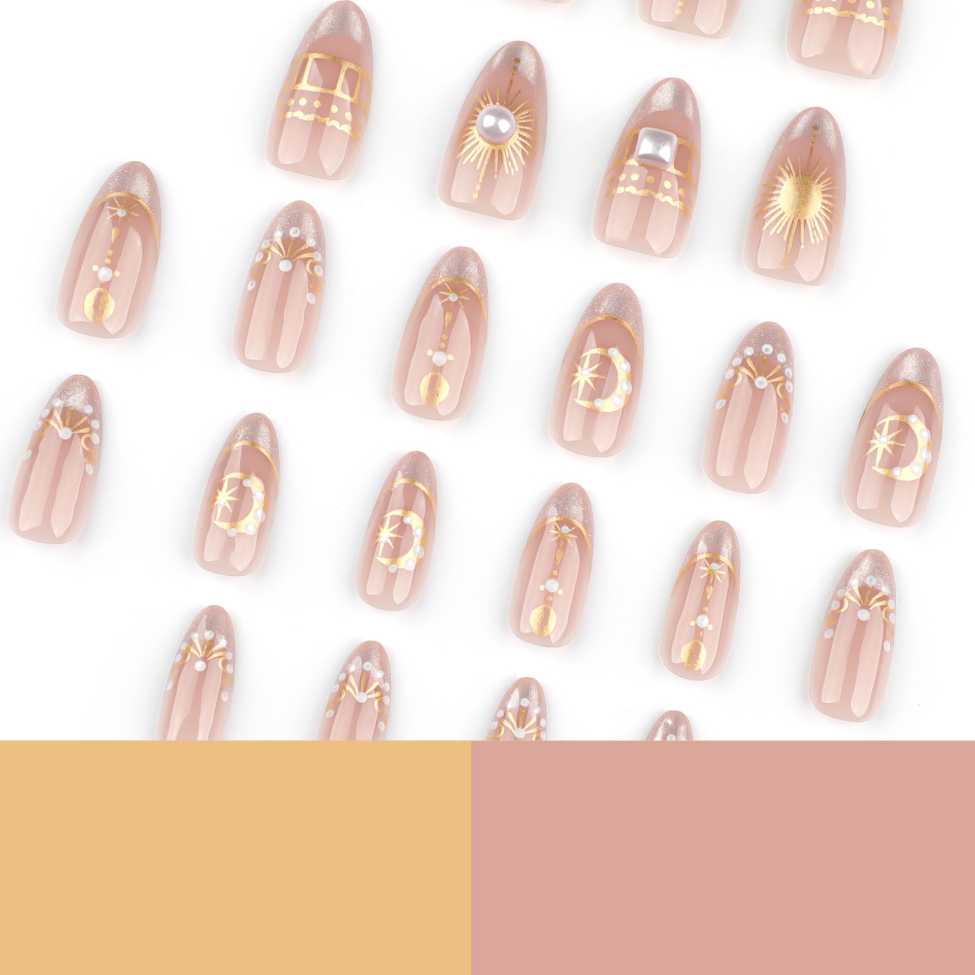 Celestial Moon & Star Press-On Nails – Nude Gold Almond Shape, Glossy Finish