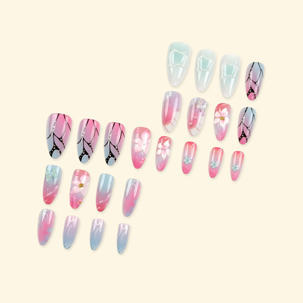 3D Press-On Nails with Butterfly & Flower Design, Medium Almond Acrylic Glue-On Set