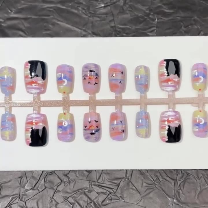 Artistic Sunset Cat Press-On Nails – Oval Gradient Pastel Acrylic Nails