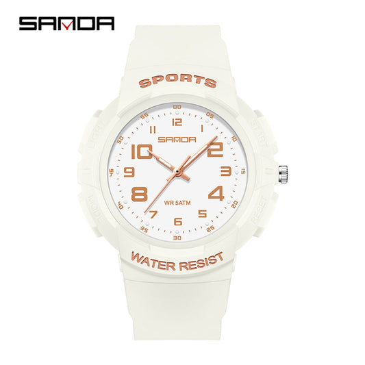 Sanda Luminous Quartz Watch – Waterproof Student Wristwatch with 24-Hour Display