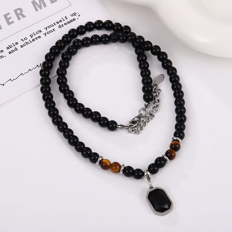 Men’s Black Tiger Eye Beaded Necklace – Gemstone Pendant