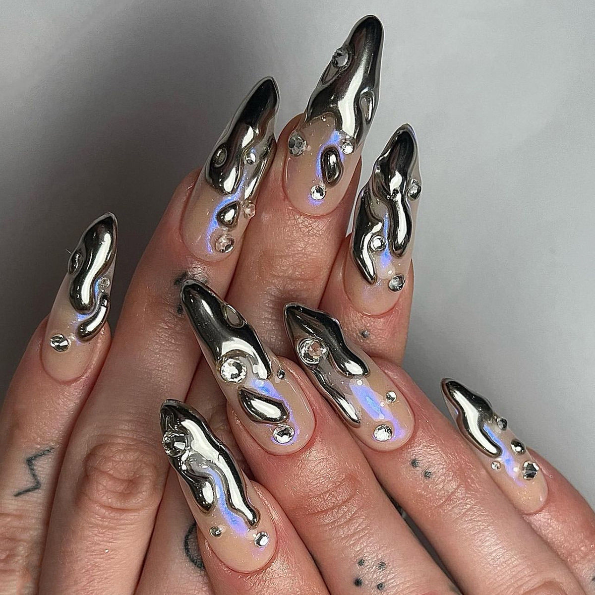 Chrome Almond Press-On Nails with 3D Silver Rhinestones – Long Glue-On Nail Art