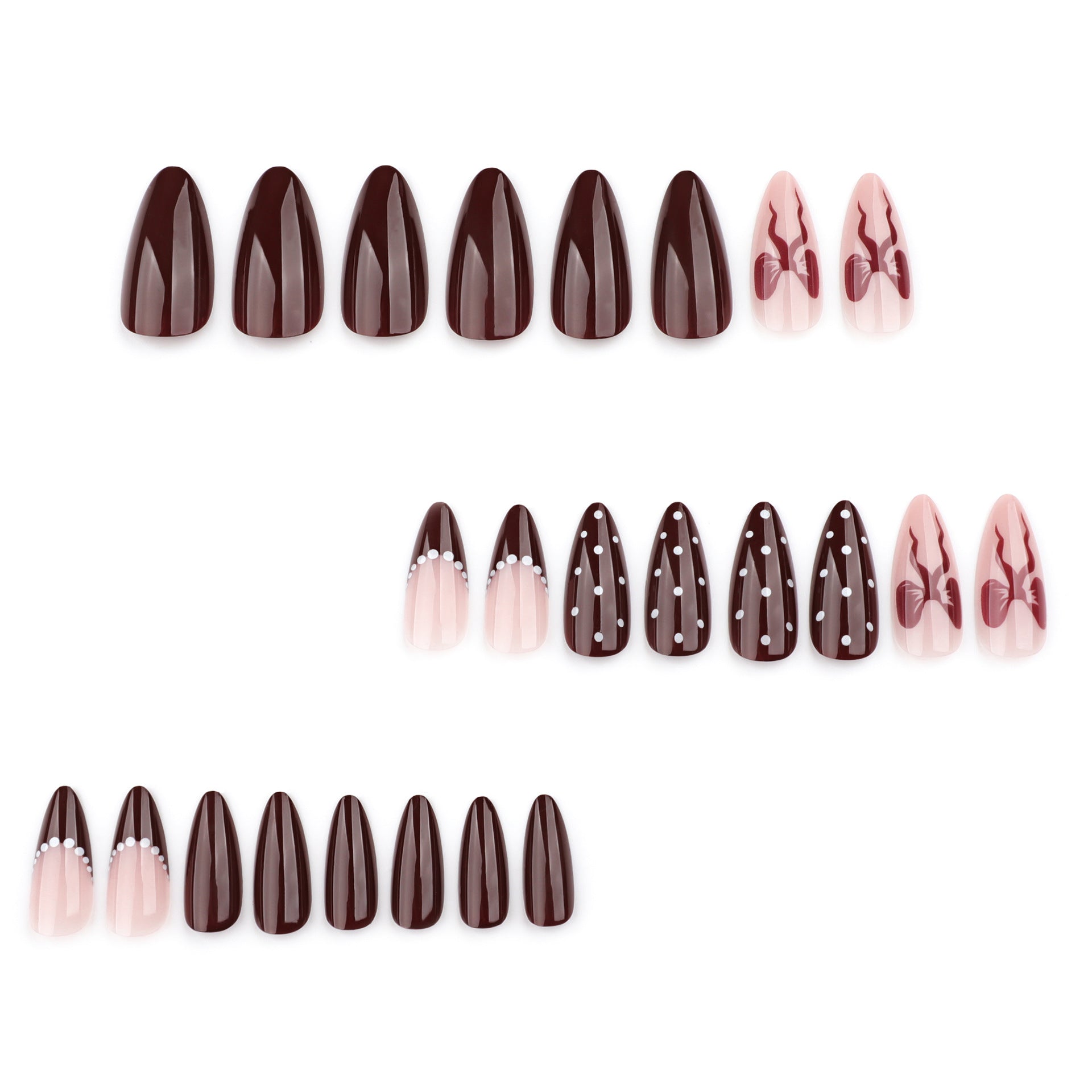 Burgundy Nude French Press-On Nails - Waerabl Nails with Polka Dot & Bow Design