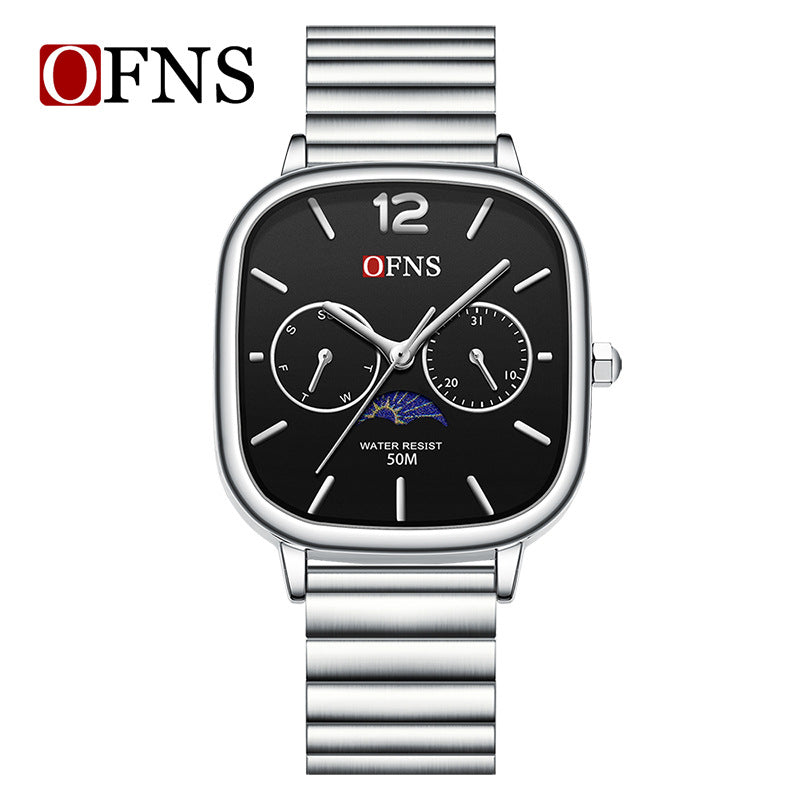 OFNS Square Quartz Watch with Moon Phase & Calendar – Waterproof Business Unisex Watch