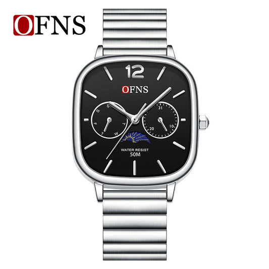 OFNS Square Quartz Watch with Moon Phase & Calendar – Waterproof Business Unisex Watch