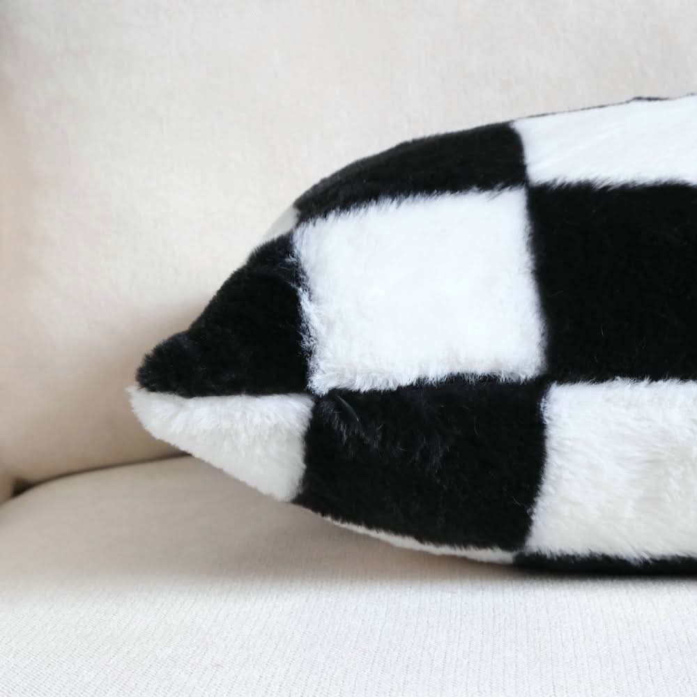 Black & White Checkerboard Pillowcase - Modern Embroidery, Rabbit Fur Accent
