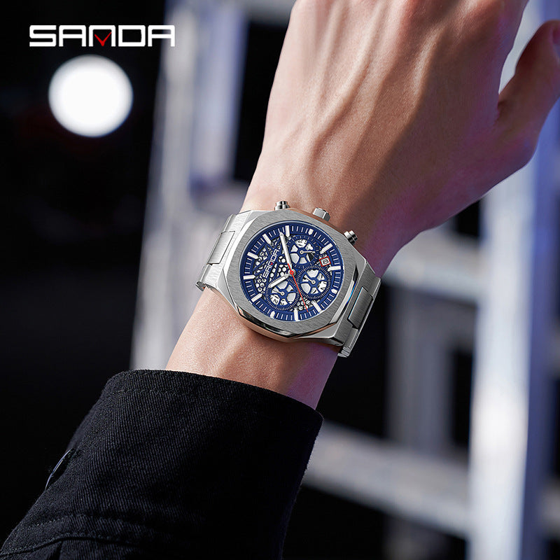Sanda Men’s Multifunction Quartz Watch – Three-Eye Chronograph, Stainless Steel Band