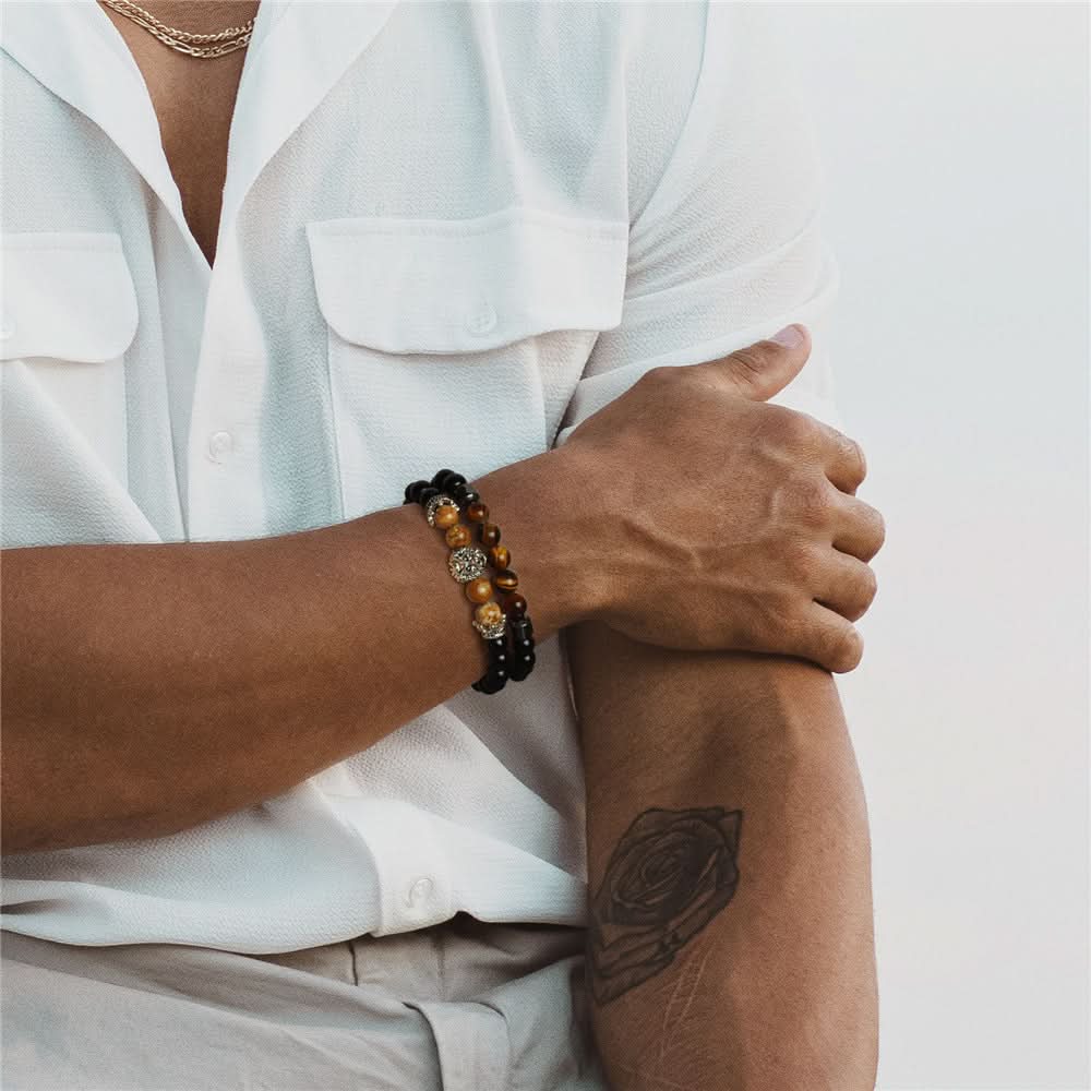 Unisex Double-Layer Lion Agate Bead Bracelet – Retro Black Stone