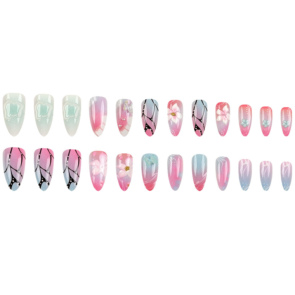 3D Press-On Nails with Butterfly & Flower Design, Medium Almond Acrylic Glue-On Set