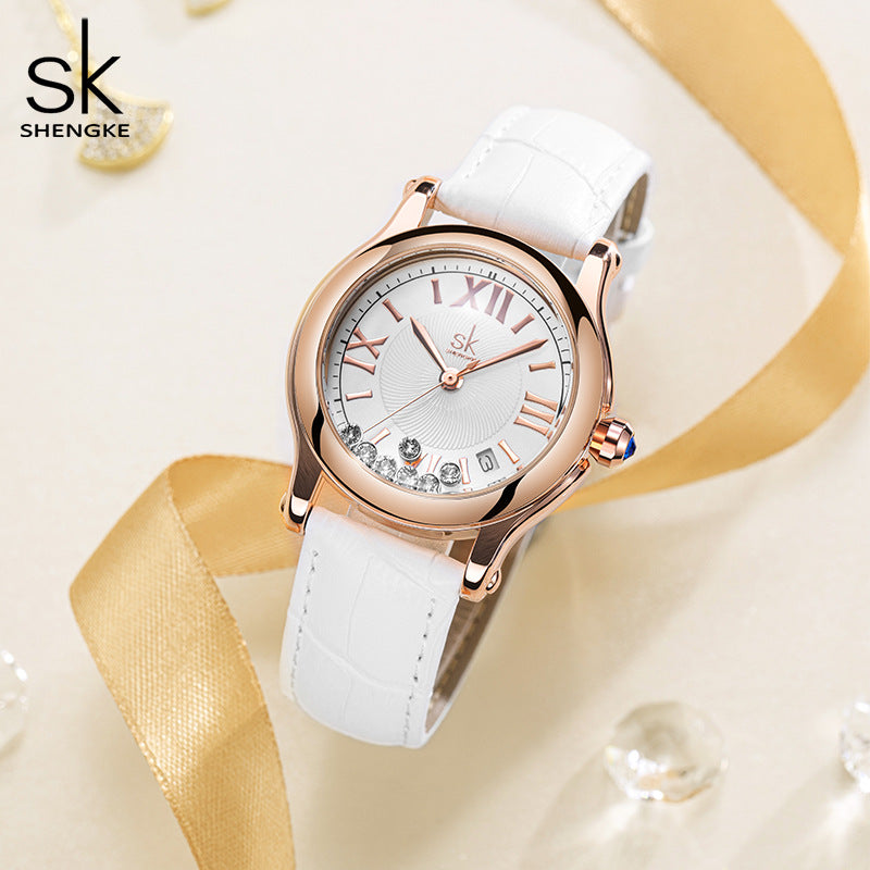 SK Women’s Quartz Watch – Elegant Round Dial, Leather Strap, 30M Waterproof Wristwatch