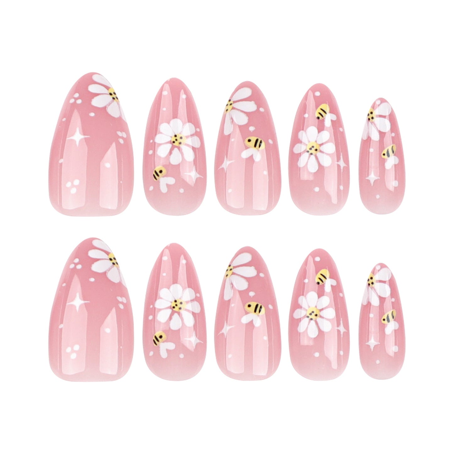 Cute Bee & Daisy Press-On Nails – Pink Almond Glossy Tips Nails