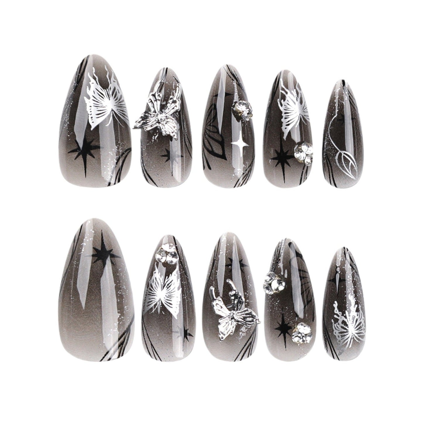 Celestial Glam Stiletto Press-On Nails – Long Nude Black with Silver Butterflies & Stars