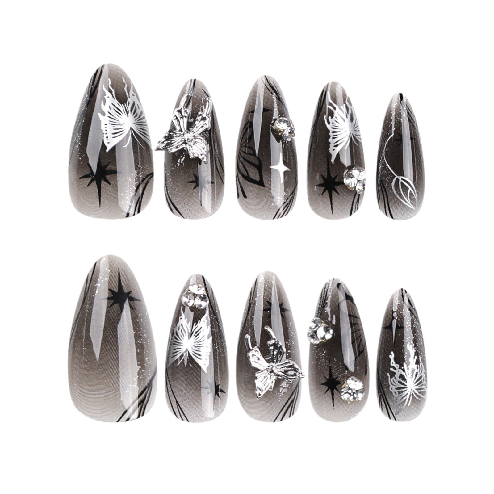 Celestial Glam Stiletto Press-On Nails – Long Nude Black with Silver Butterflies & Stars